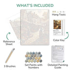 Artistic painting kit components including reference sheet, brushes, paint set, color key, and detailed guide on a white background.