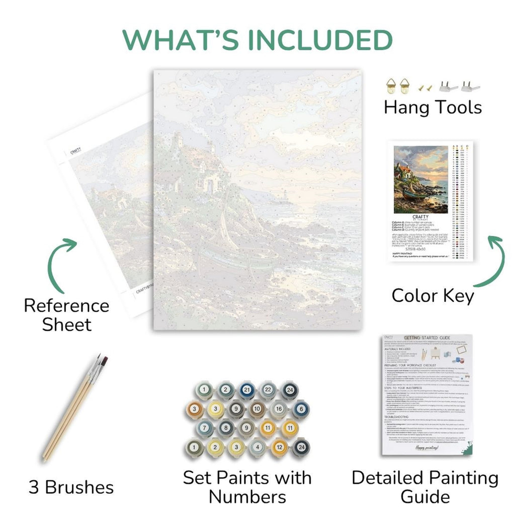 Artistic painting kit components including a reference sheet, paint set, brushes, and instructions on a white background.