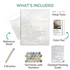 Artistic painting kit components including a reference sheet, paint set, brushes, and instructions on a white background.