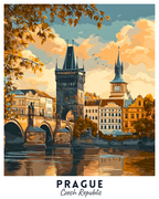 Illustration of Prague with iconic towers and a bridge over a river, labeled 'Prague Czech Republic'.