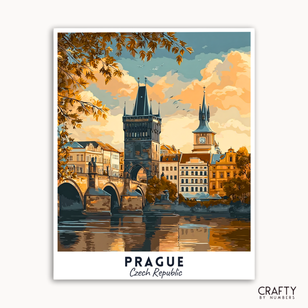 Artistic depiction of Prague with a bridge and buildings, featuring the brand 'Crafty by Numbers'.