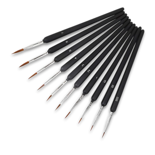 Set of 10 black precision detail brushes with ultra-fine pointed tips
