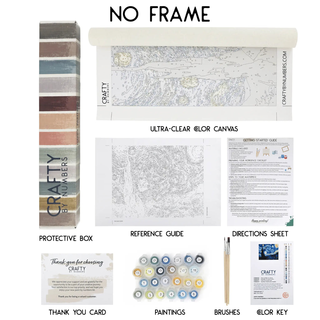 Kit de peinture par numéros sans cadre avec toile roulée, peintures numérotées, pinceaux, feuille de référence et instructions.