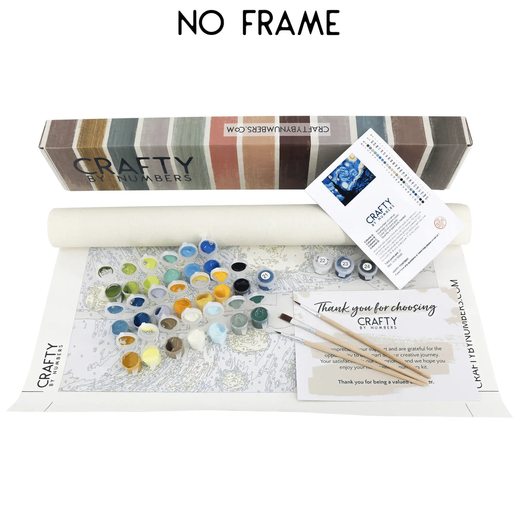 Unframed kit arranged with rolled canvas, numbered paint pots, brushes, guide and protective box.