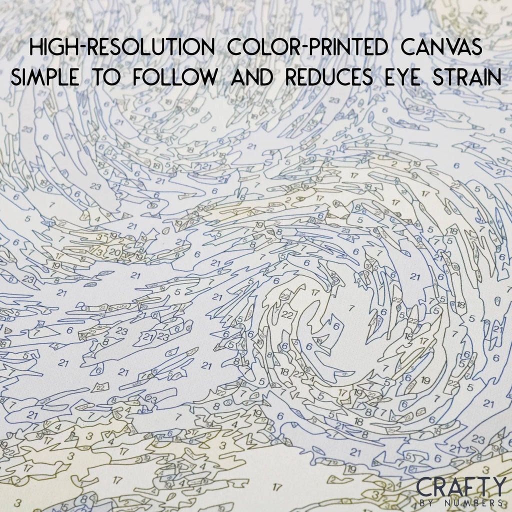 Gros plan d'une toile imprimée en couleur avec des sections de peinture encadrées et numérotées.