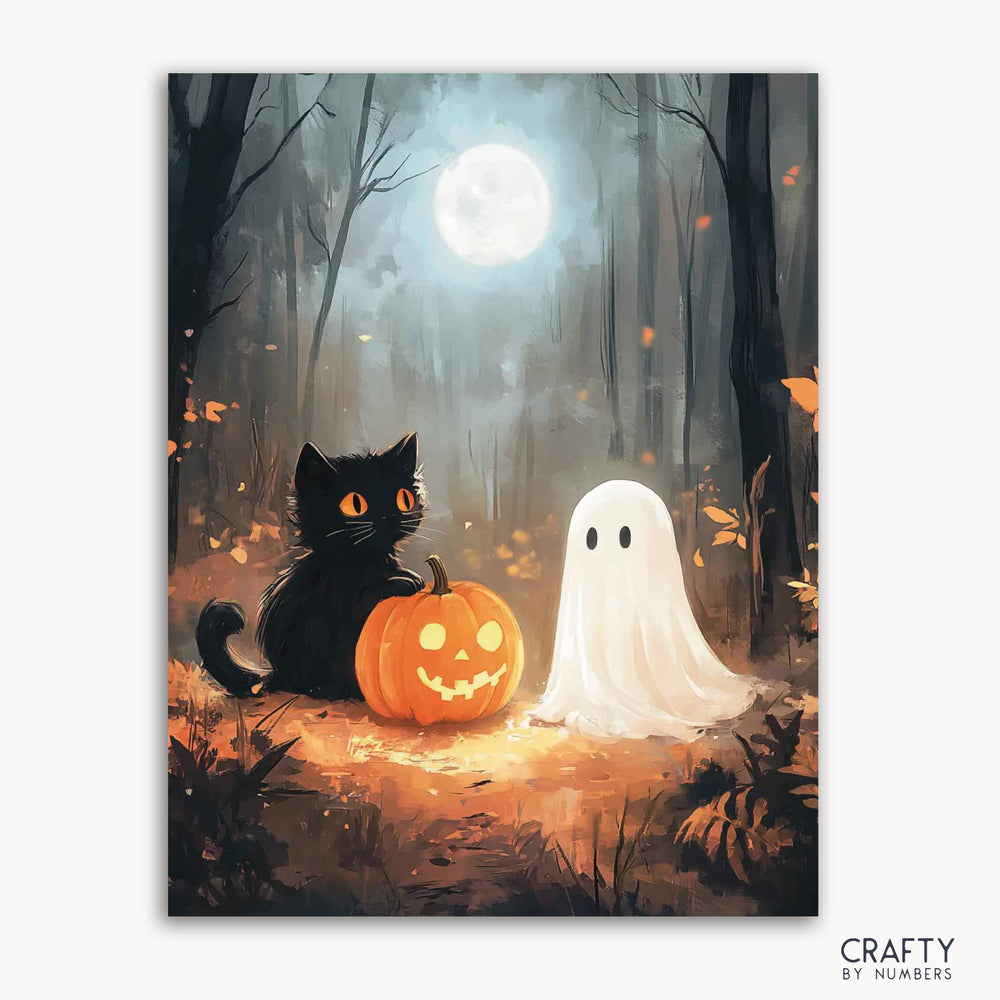 A paint by numbers kit depicting a whimsical Halloween scene with a black cat, a ghost, and a pumpkin under a full moon in a forest setting.