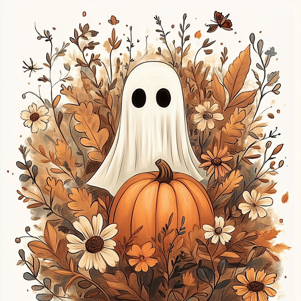 A paint-by-numbers kit image featuring a ghost above a pumpkin surrounded by autumn flowers and leaves.
