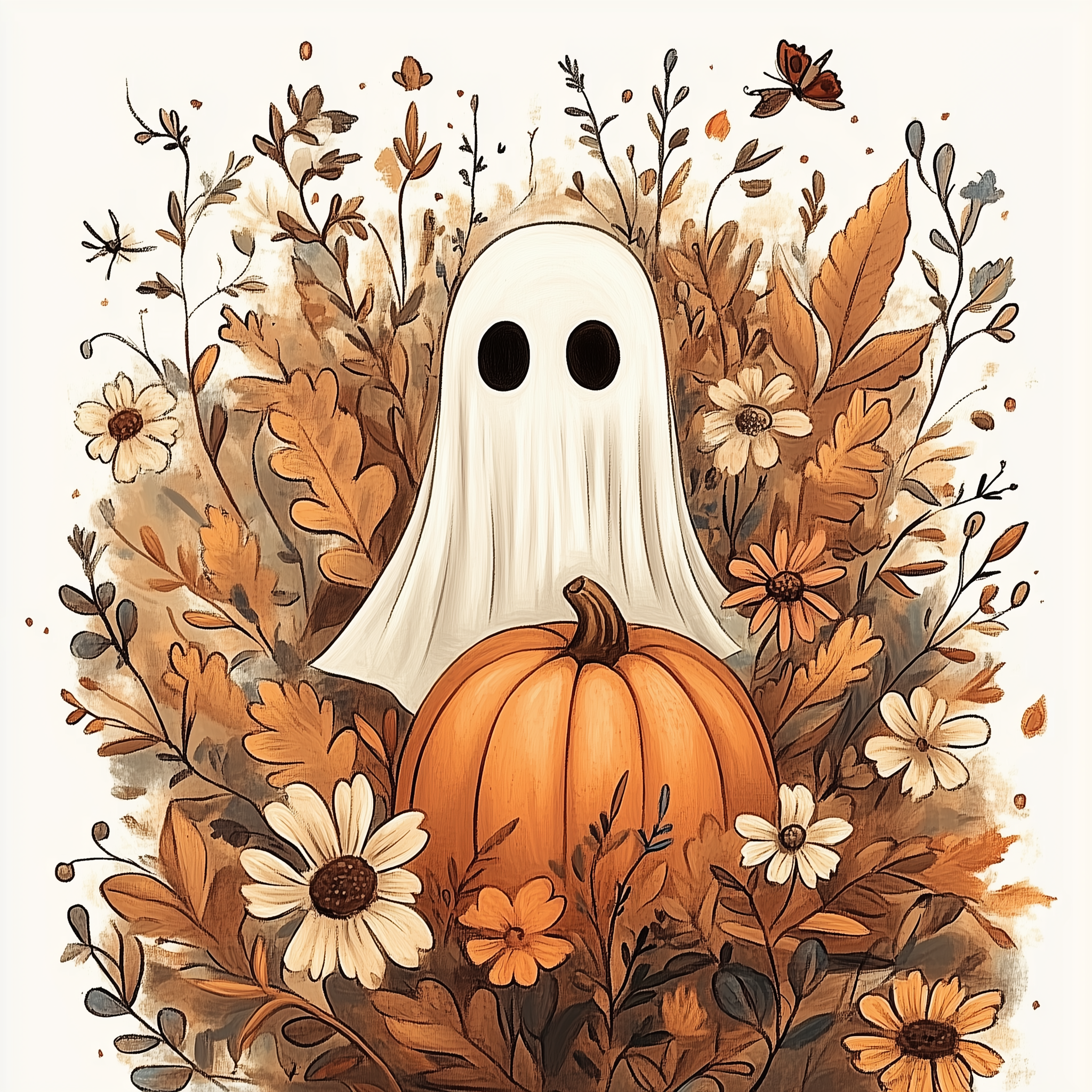 A paint-by-numbers kit image featuring a ghost above a pumpkin surrounded by autumn flowers and leaves.