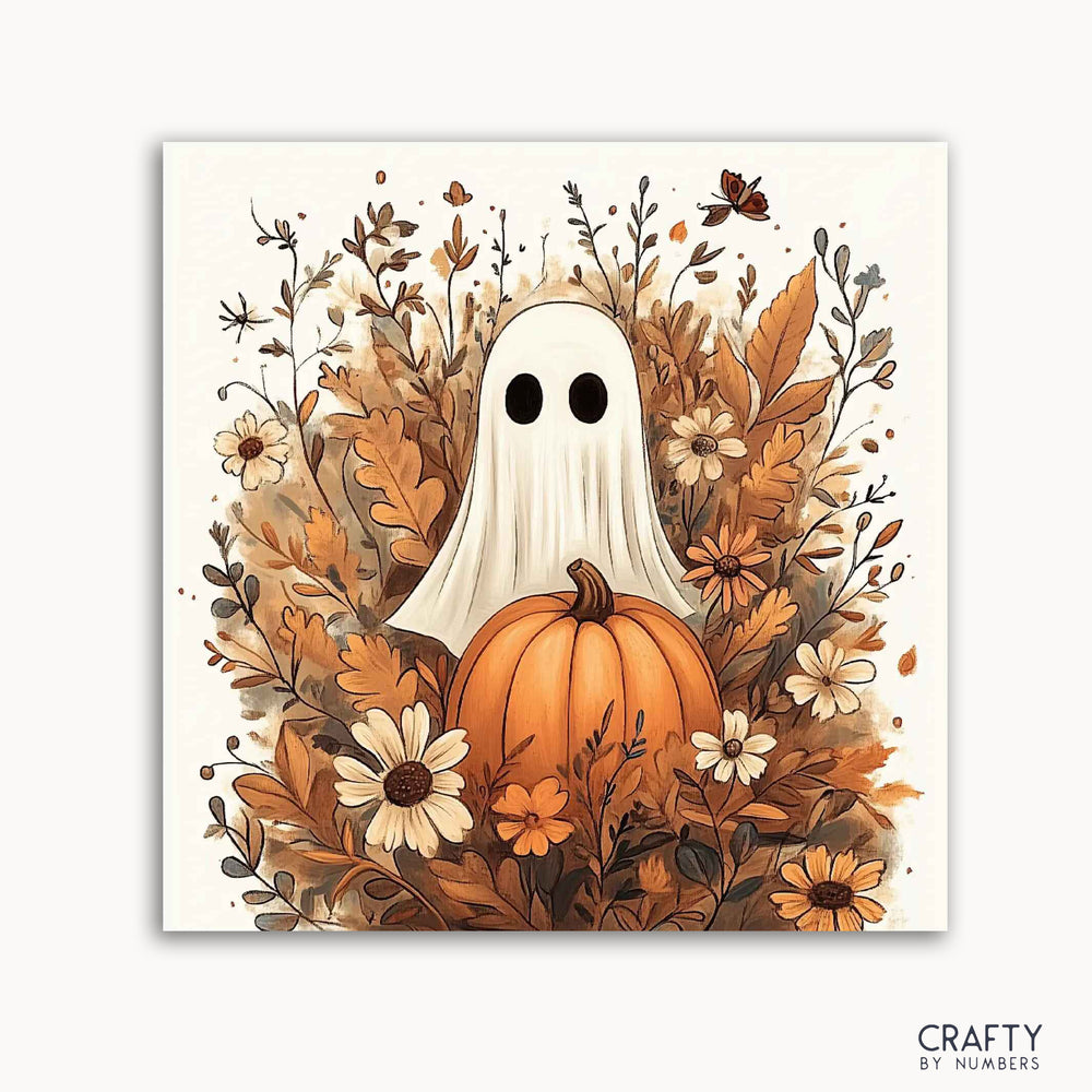 A paint-by-numbers kit depicting a cute ghost above a pumpkin, surrounded by autumn flowers and leaves.