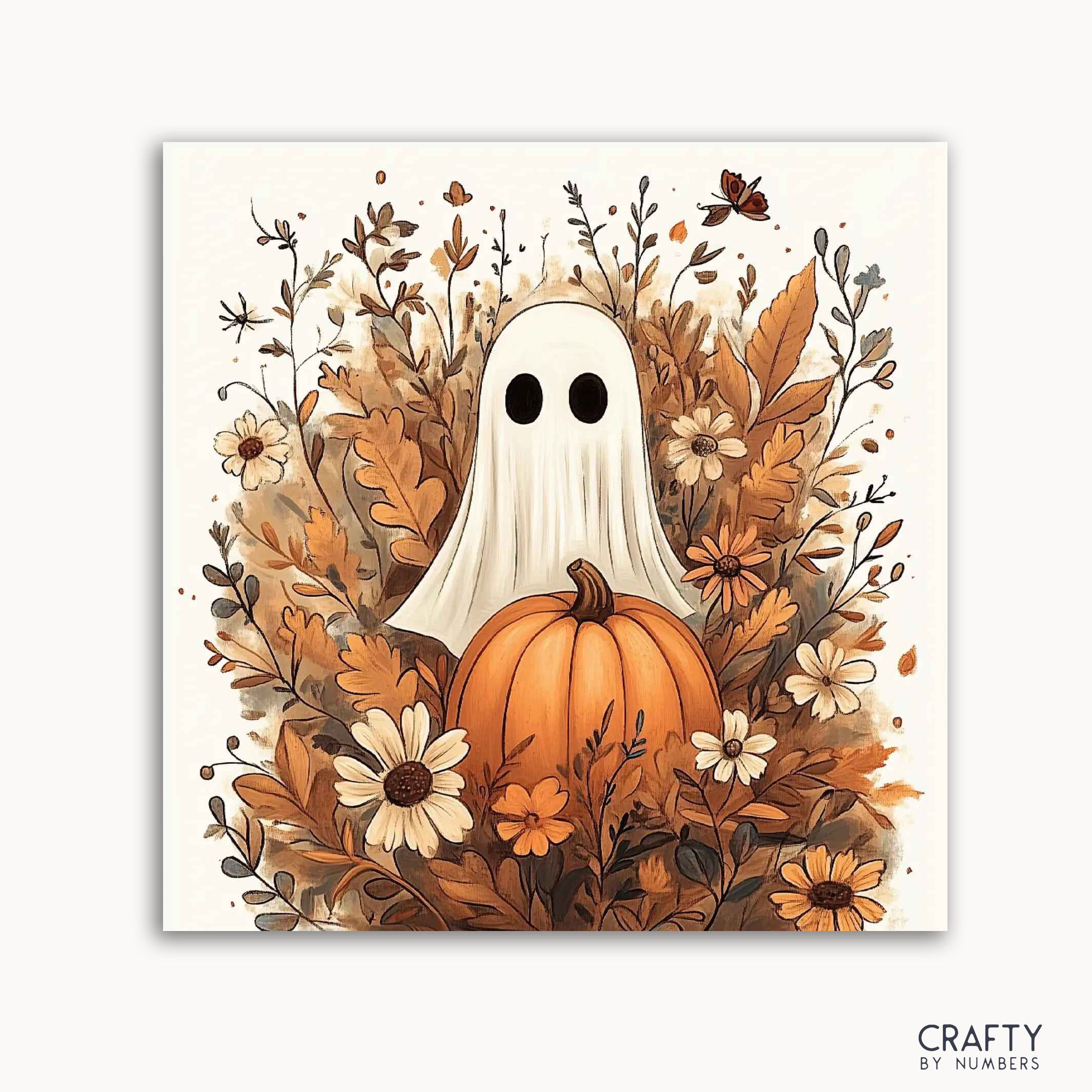 A paint-by-numbers kit depicting a cute ghost above a pumpkin, surrounded by autumn flowers and leaves.