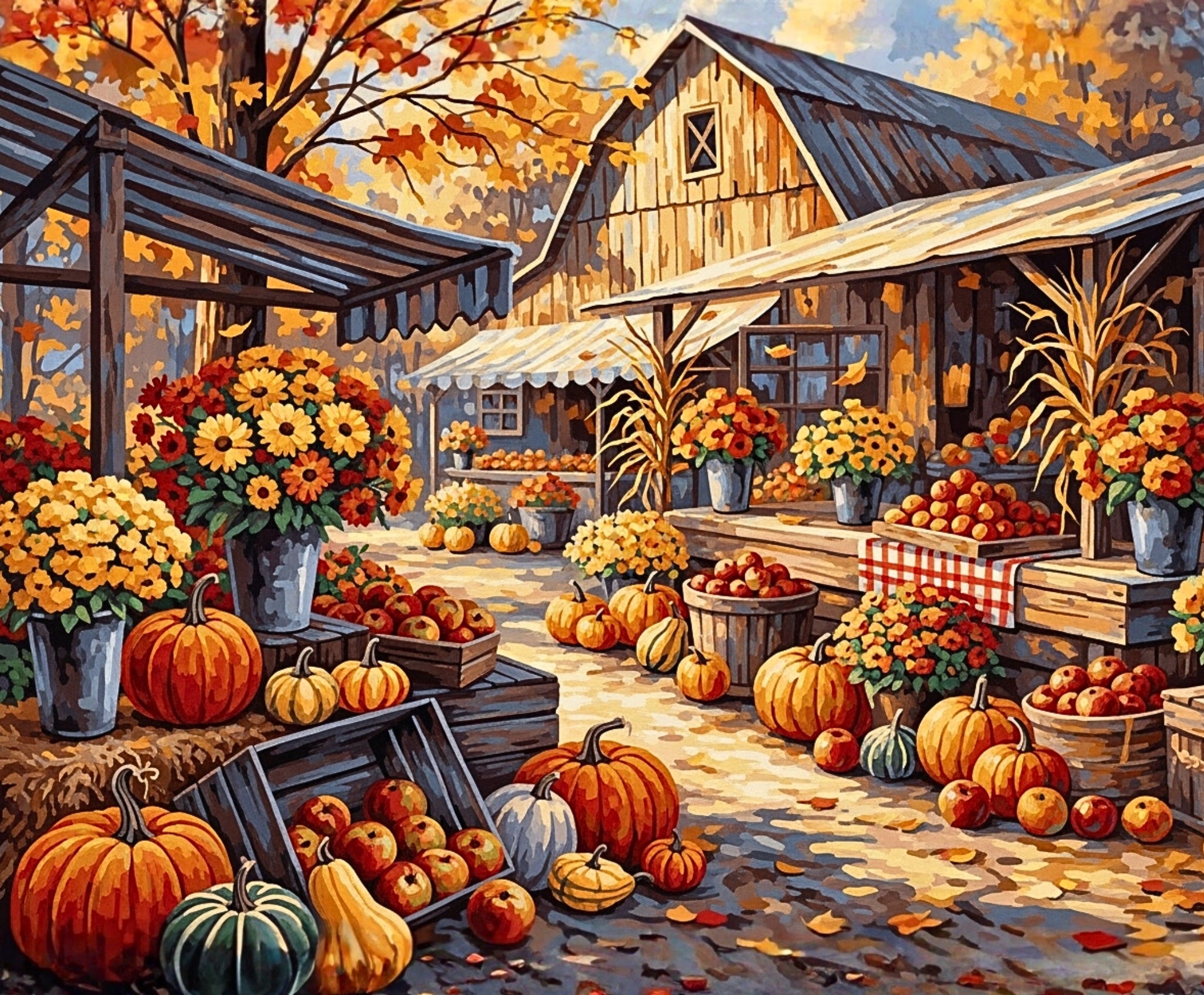 Autumnal scene with pumpkins, flowers, and a barn in the background.