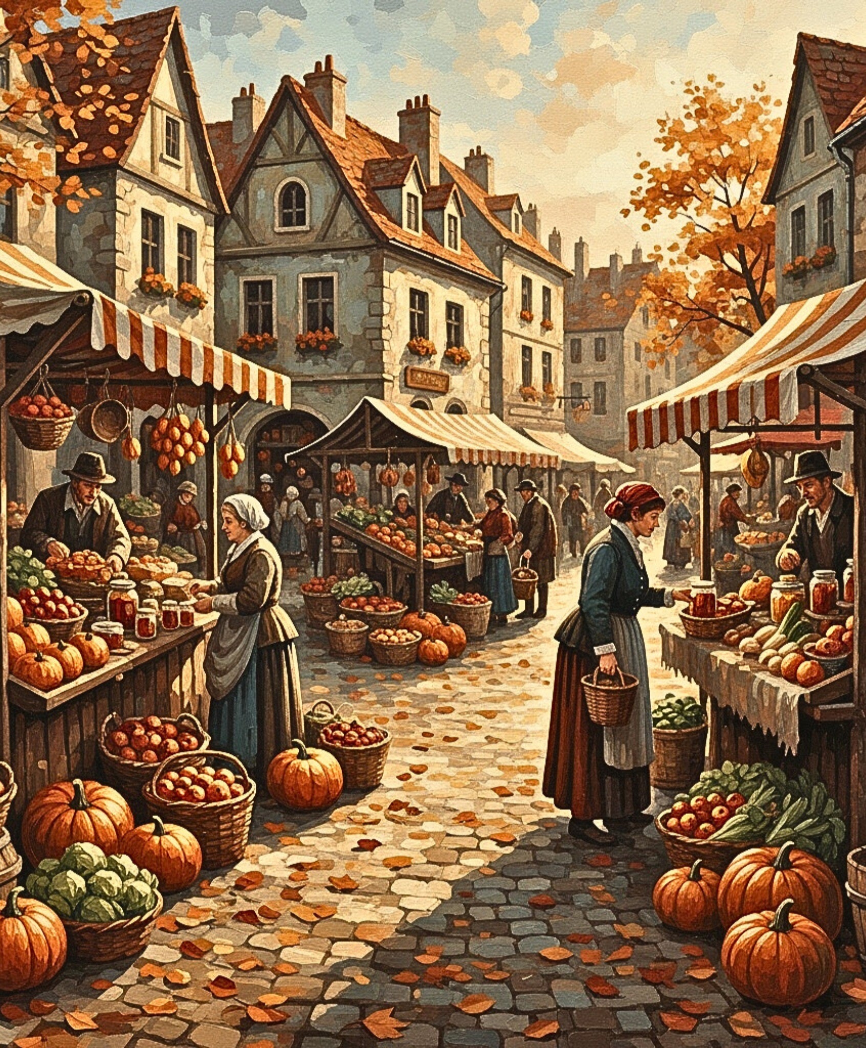 Autumnal market scene with people shopping and stalls selling fruits and vegetables.