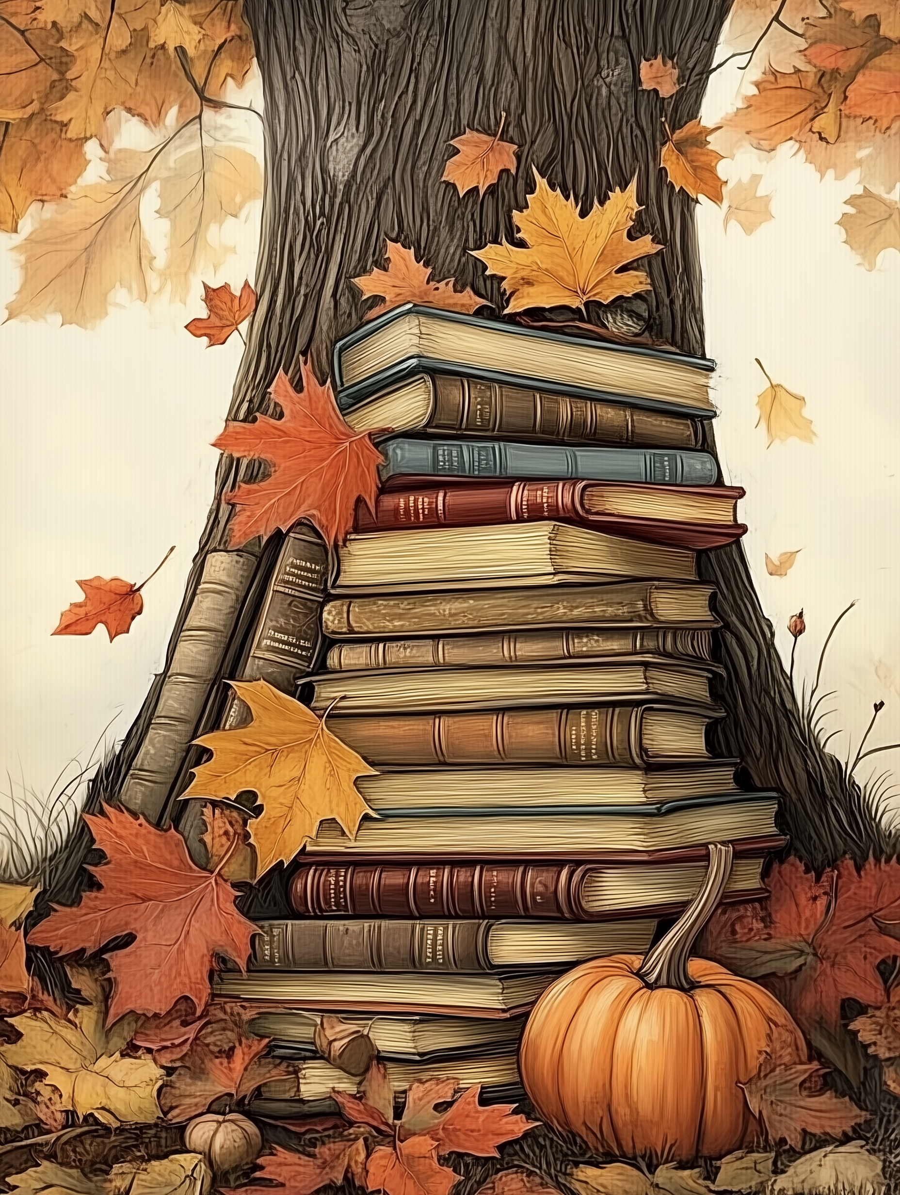 A paint-by-numbers kit image featuring a stack of vintage books with autumn leaves and a pumpkin around them, set against a tree trunk.