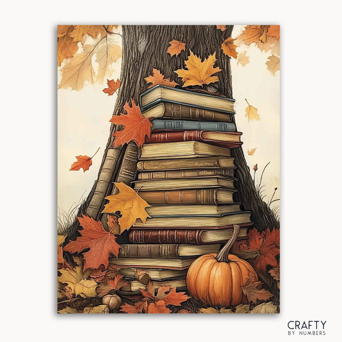 Une image de kit de peinture par numéros présentant une pile de livres vintage avec des citrouilles et des feuilles d'automne autour, intitulée « Citrouilles et pages ».