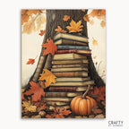 A paint-by-numbers kit image featuring a stack of vintage books with pumpkins and autumn leaves around it, titled 'Pumpkins and Pages'.