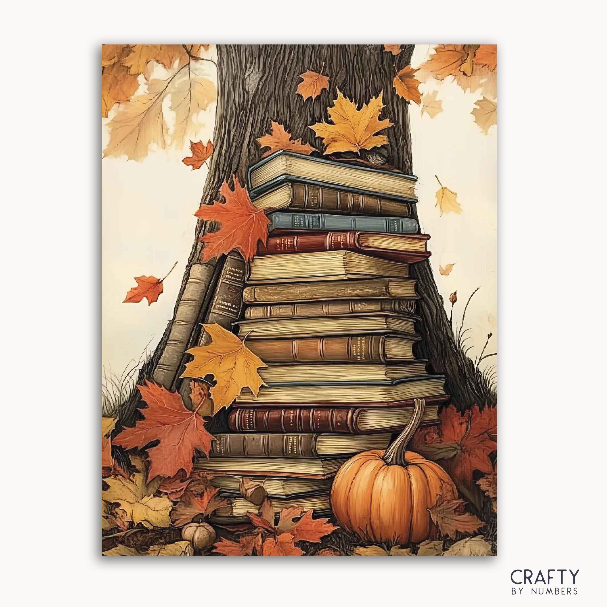 A paint-by-numbers kit image featuring a stack of vintage books with pumpkins and autumn leaves around it, titled 'Pumpkins and Pages'.