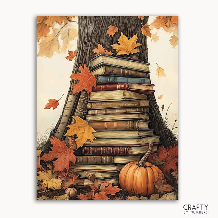 A paint-by-numbers kit image featuring a stack of vintage books with pumpkins and autumn leaves around it, titled 'Pumpkins and Pages'.