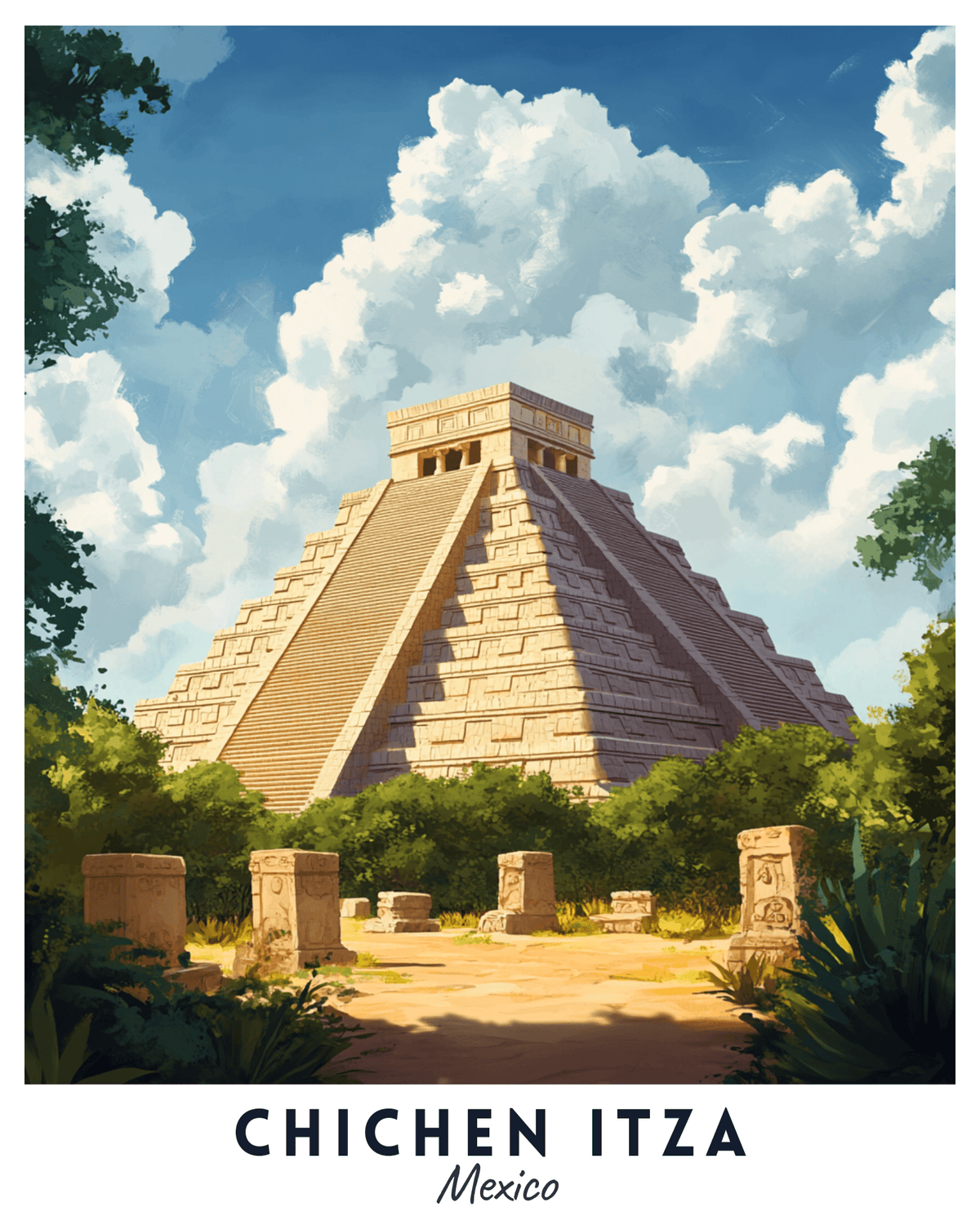Un kit de peinture par numéros représentant la pyramide de Kukulkan à Chichen Itza, au Mexique, avec une verdure luxuriante en arrière-plan.