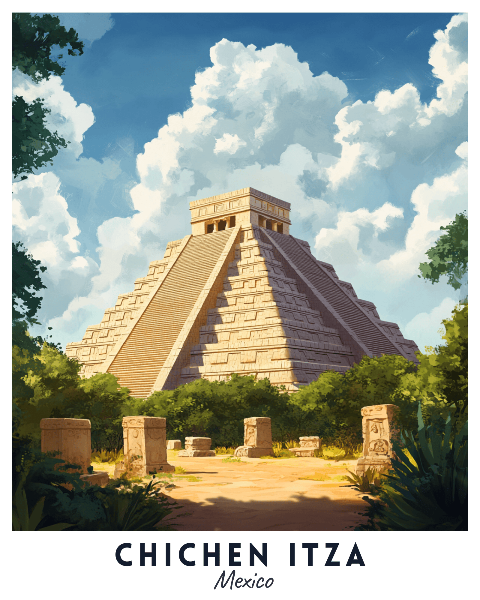 A paint by numbers kit depicting the Pyramid of Kukulkan at Chichen Itza, Mexico, with lush greenery in the background.