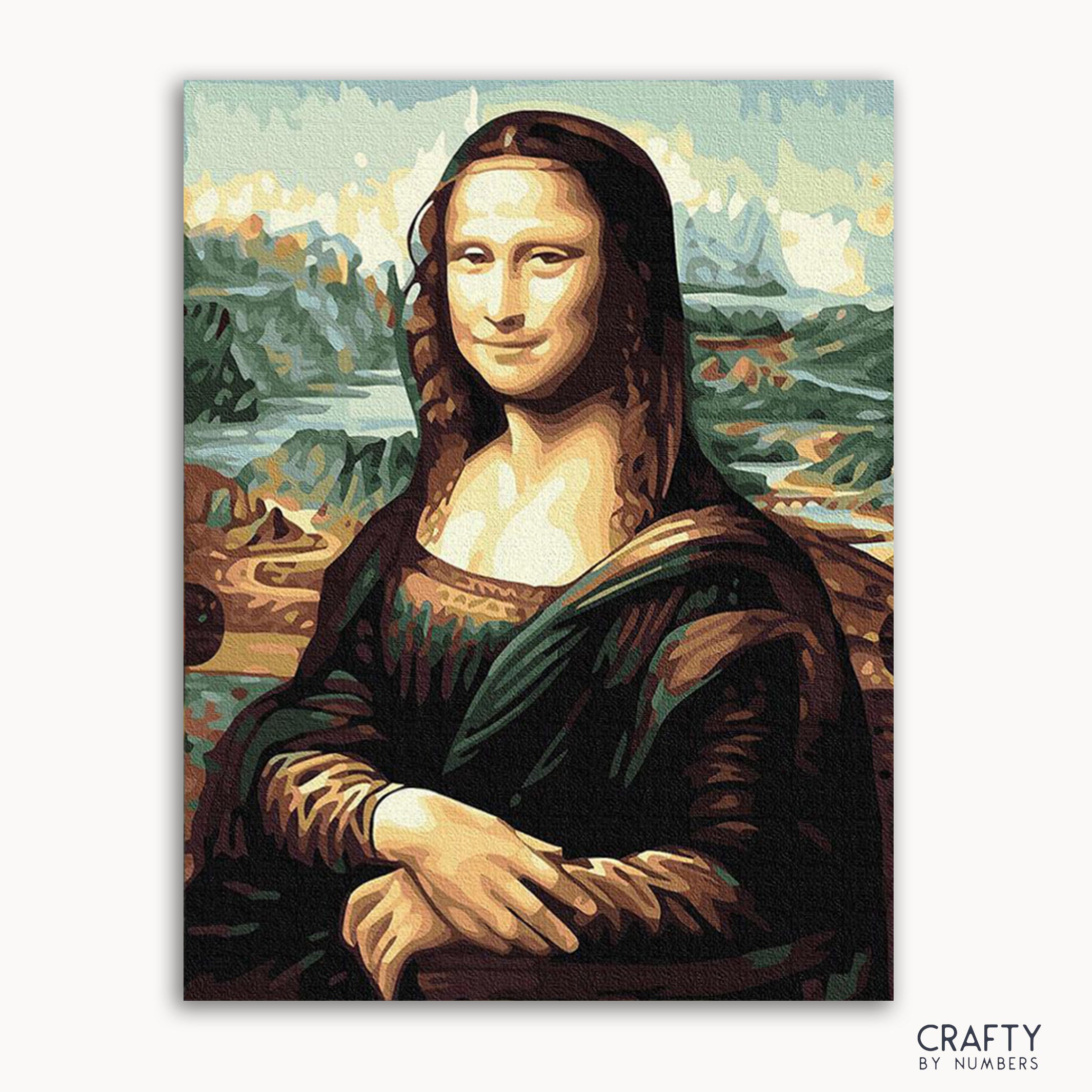 A paint-by-numbers kit depicting the famous Mona Lisa painting with a scenic background.