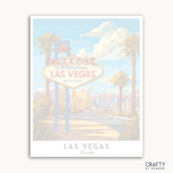 Pastel-colored illustration of the Las Vegas sign with palm trees and a blue sky.