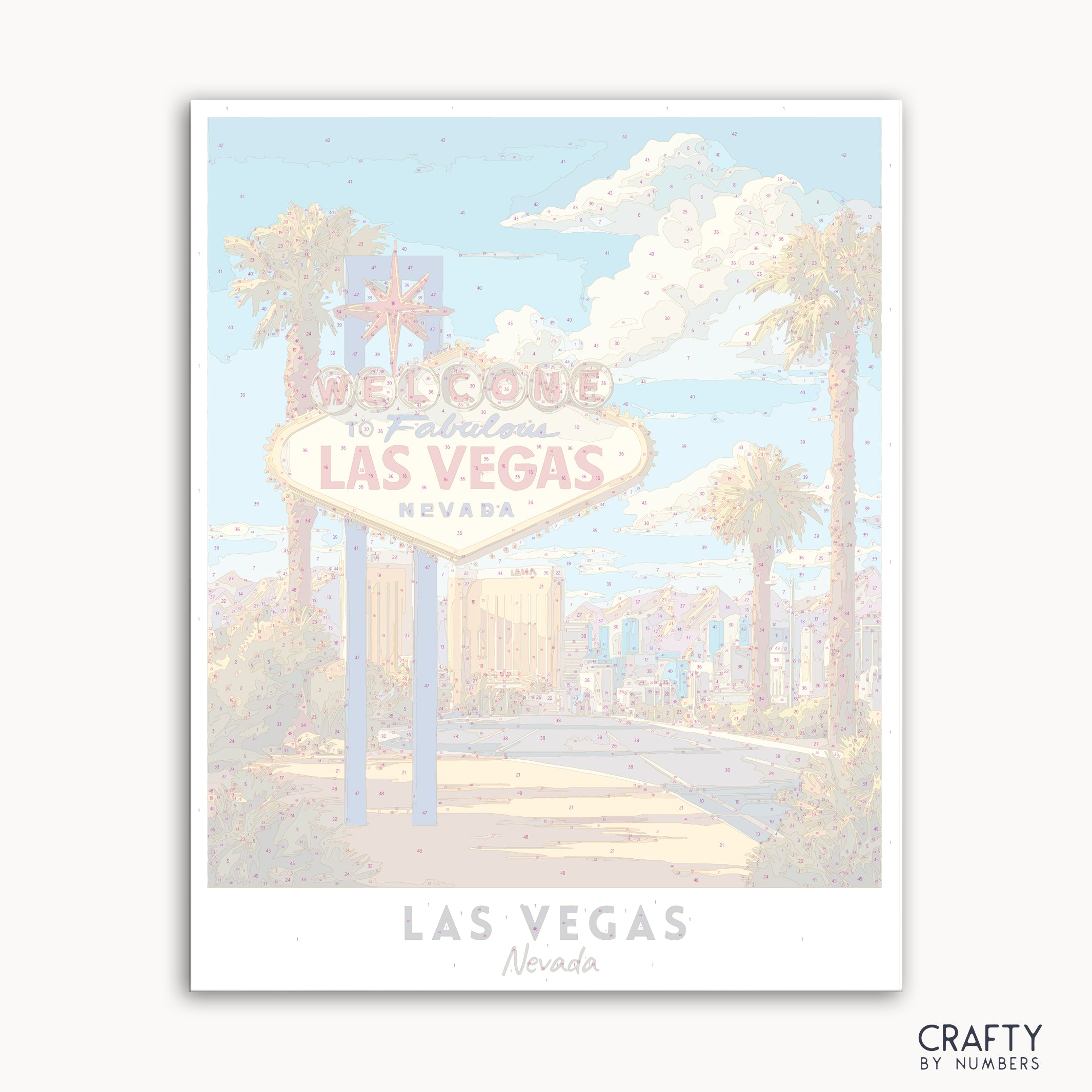 Pastel-colored illustration of the Las Vegas sign with palm trees and a blue sky.