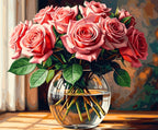 Bouquet of pink roses in a clear vase on a wooden surface with a blurred background