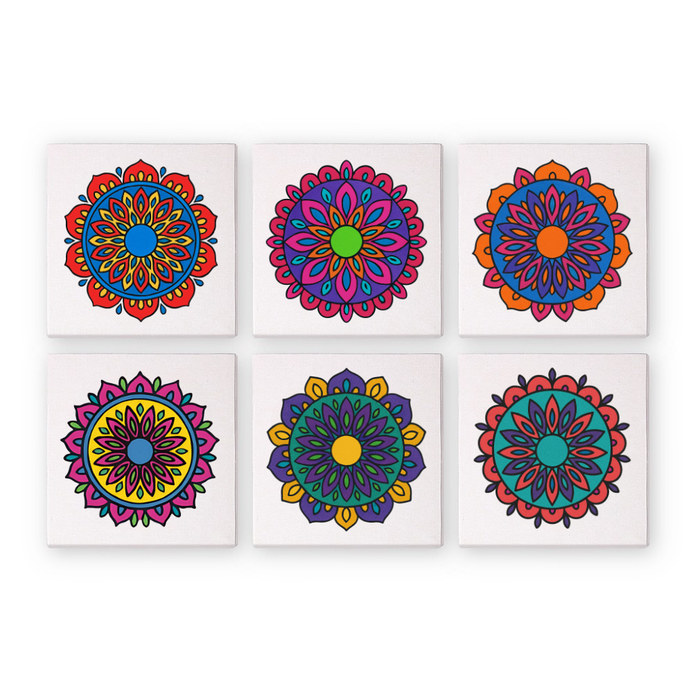 Radiant Mandalas mini paint by numbers kit set of 6 with numbered linen canvases and vibrant acrylic paints