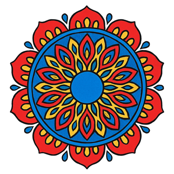 Close-up of Radiant Mandalas paint by numbers canvas showing bold symmetrical mandala design with numbered sections