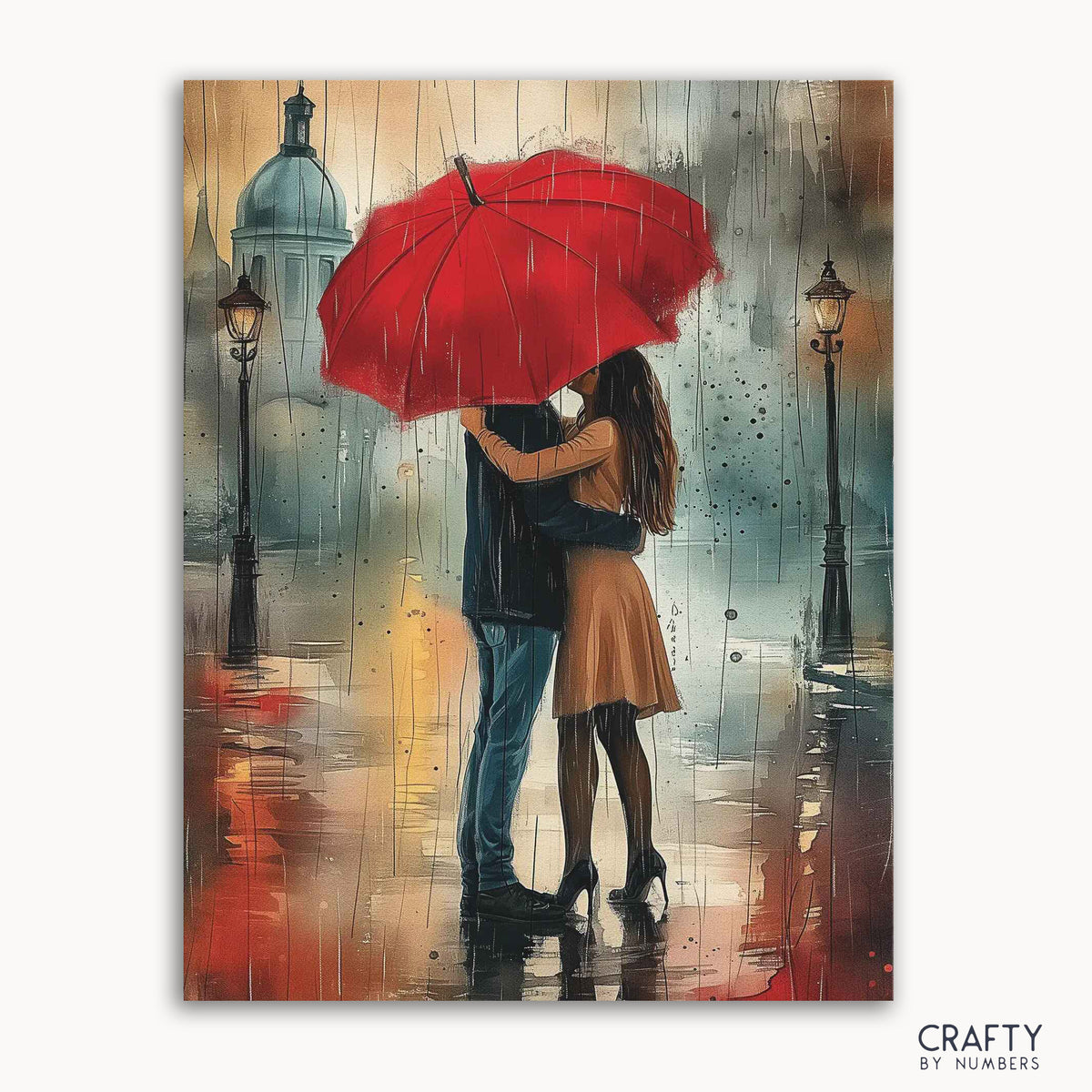 Un kit de peinture par numéros représentant un couple s'embrassant sous un parapluie rouge dans une rue pluvieuse de la ville, avec des lampadaires et un fond brumeux.