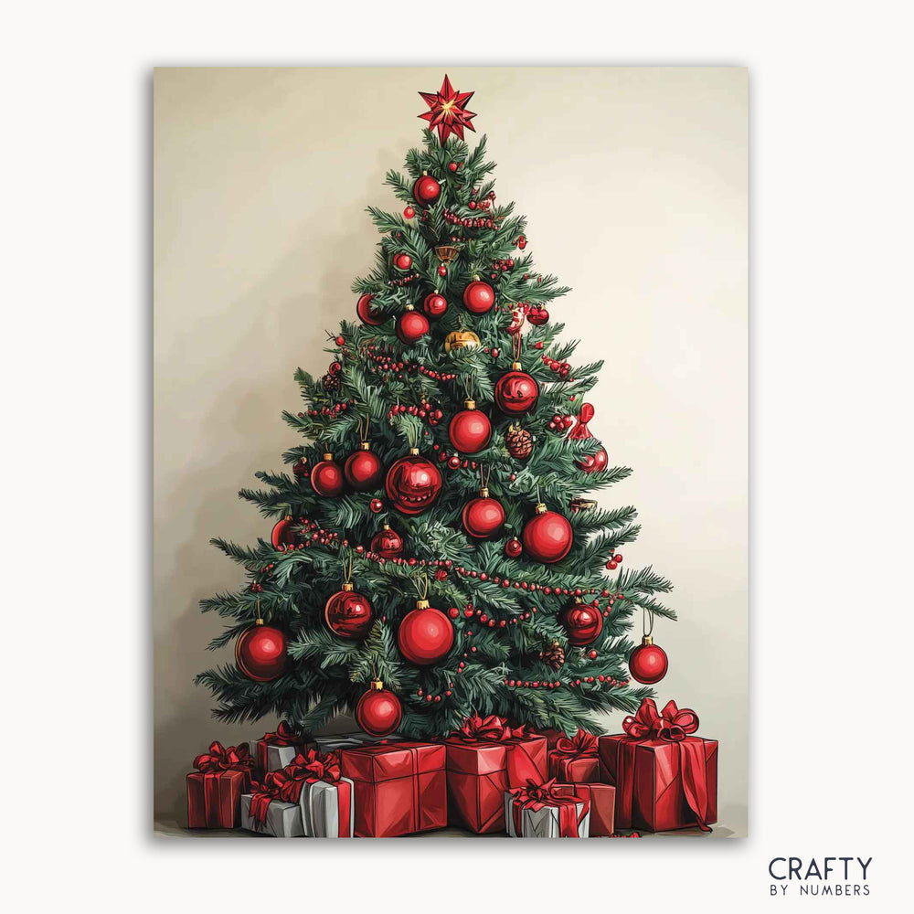 A paint by numbers kit depicting a lush green Christmas tree adorned with radiant red ornaments and presents at the base.