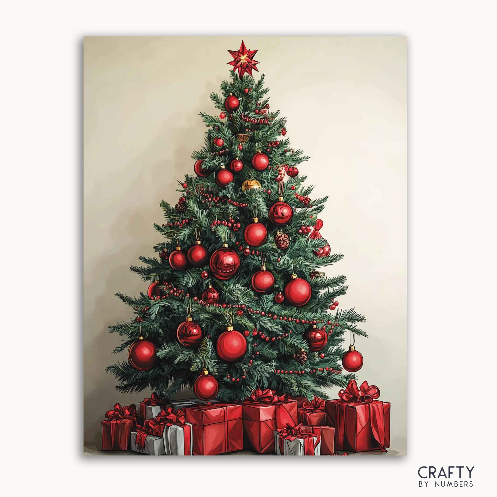 Ein Malen-nach-Zahlen-Set, das einen üppig grünen Weihnachtsbaum darstellt, der an der Basis mit leuchtend roten Ornamenten und Geschenken geschmückt ist.