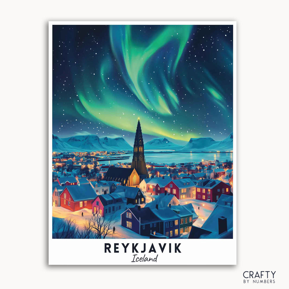 A travel poster depicting Reykjavik with the Northern Lights in the sky and the Hallgrímskirkja Church prominently featured.