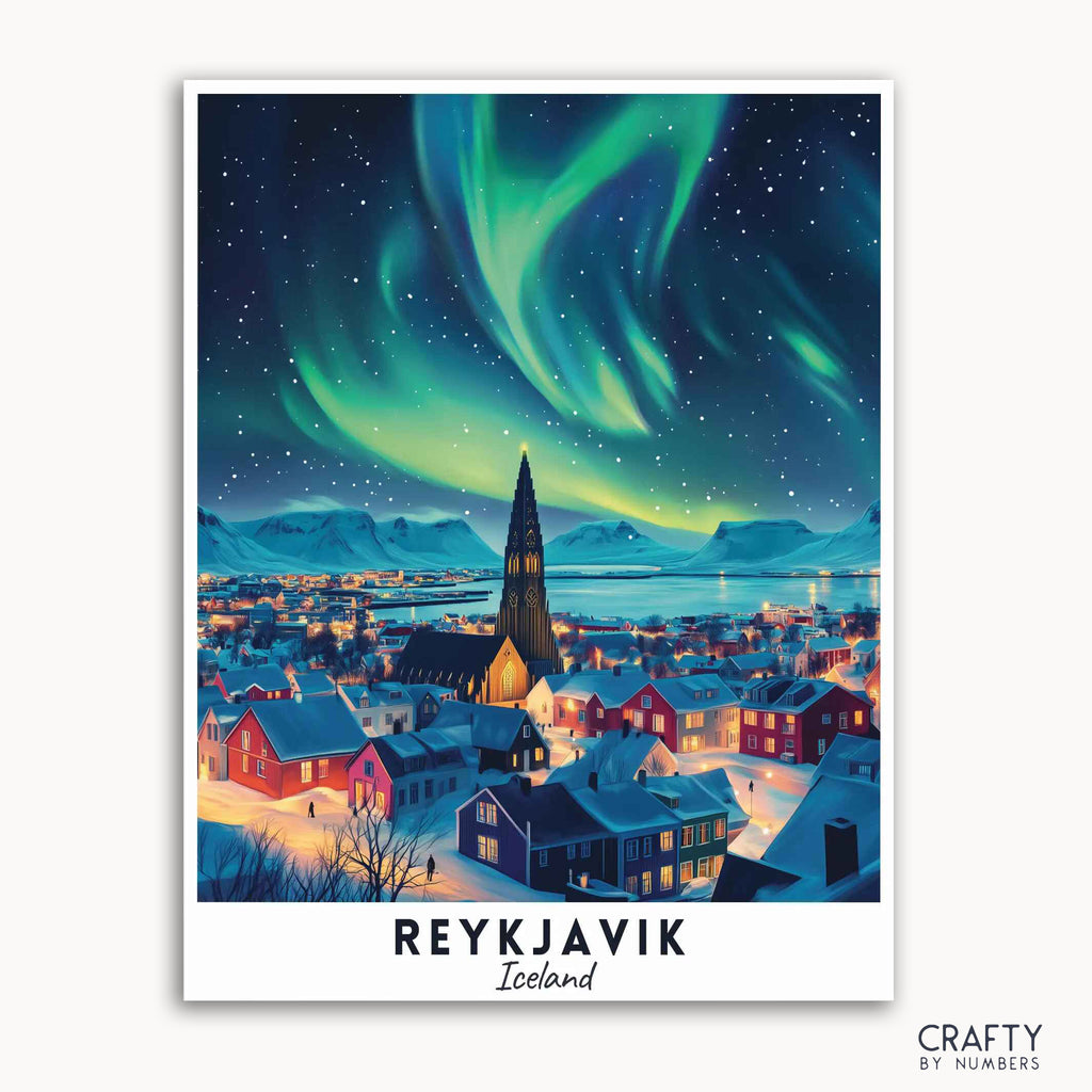 A travel poster depicting Reykjavik with the Northern Lights in the sky and the Hallgrímskirkja Church prominently featured.