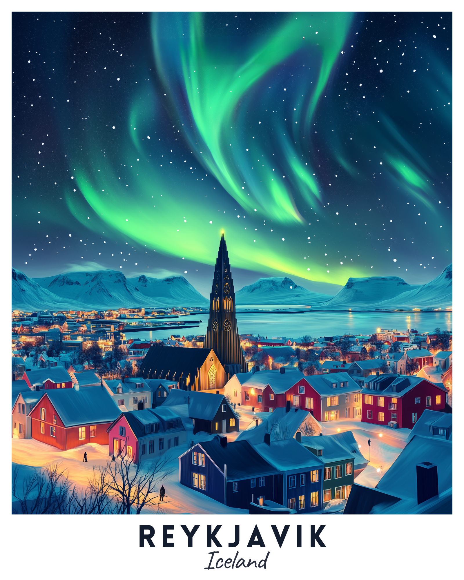 A travel poster depicting Reykjavik with the Northern Lights in the sky and the Hallgrímskirkja Church prominently featured.