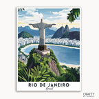 A travel poster depicting the Christ the Redeemer statue in Rio de Janeiro with a scenic view of the city, mountains, and ocean in the background. The poster is titled 'RIO DE JANEIRO, Brazil' and has the 'CRAFTY by numbers' logo at the bottom.