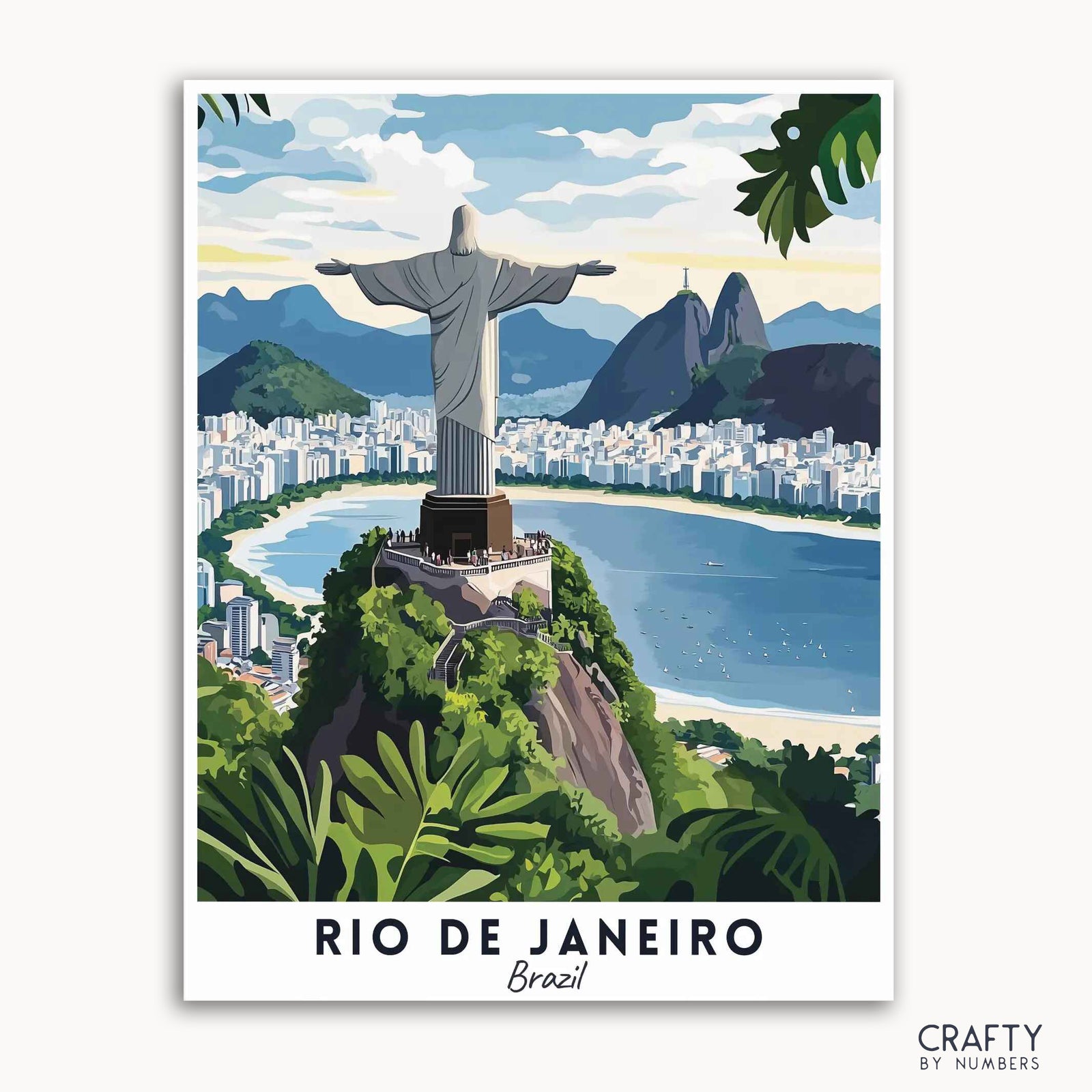 Ein Reiseplakat, das die Christus-Erlöser-Statue in Rio de Janeiro mit einem malerischen Blick auf die Stadt, die Berge und das Meer im Hintergrund zeigt. Das Poster trägt den Titel „RIO DE JANEIRO, Brasilien“ und hat unten das „CRAFTY by Numbers“-Logo.