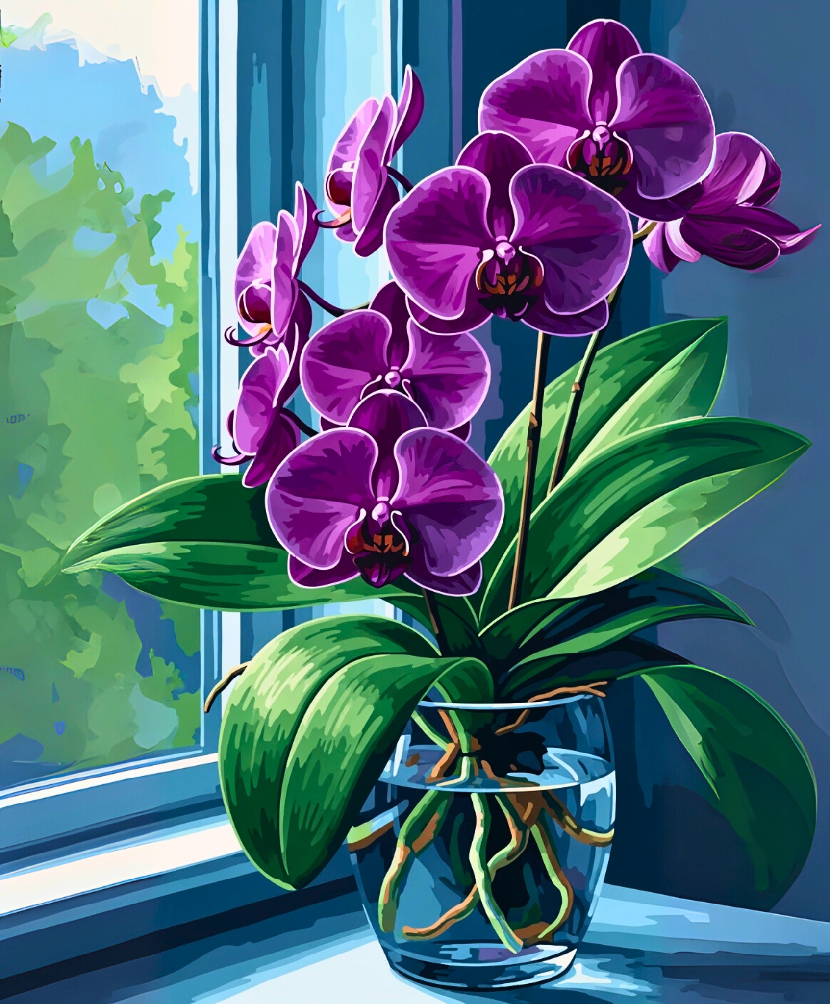 Purple orchids in a clear vase on a windowsill with a blurred green outdoor background