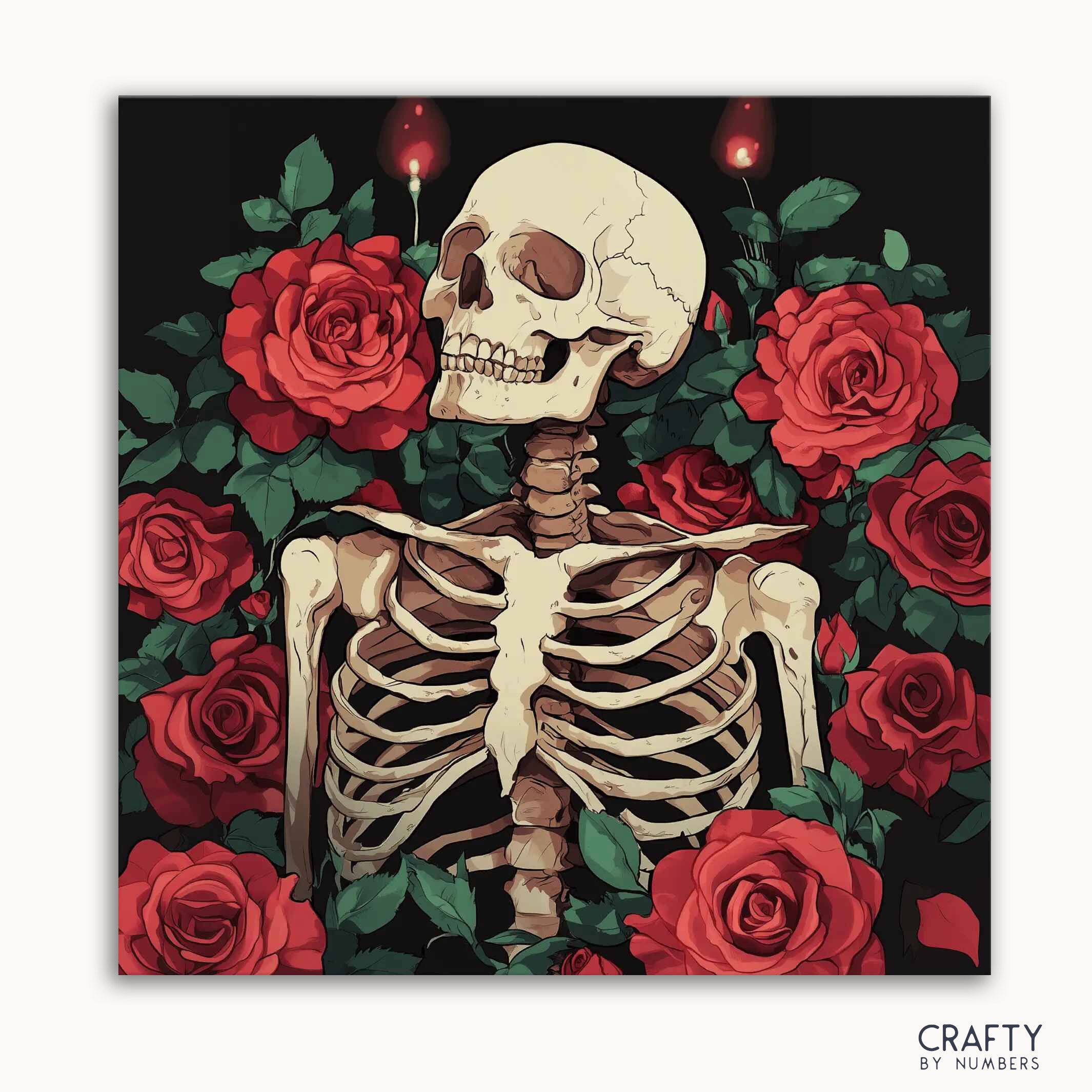 A paint by numbers kit with a design of a skeleton surrounded by red roses.