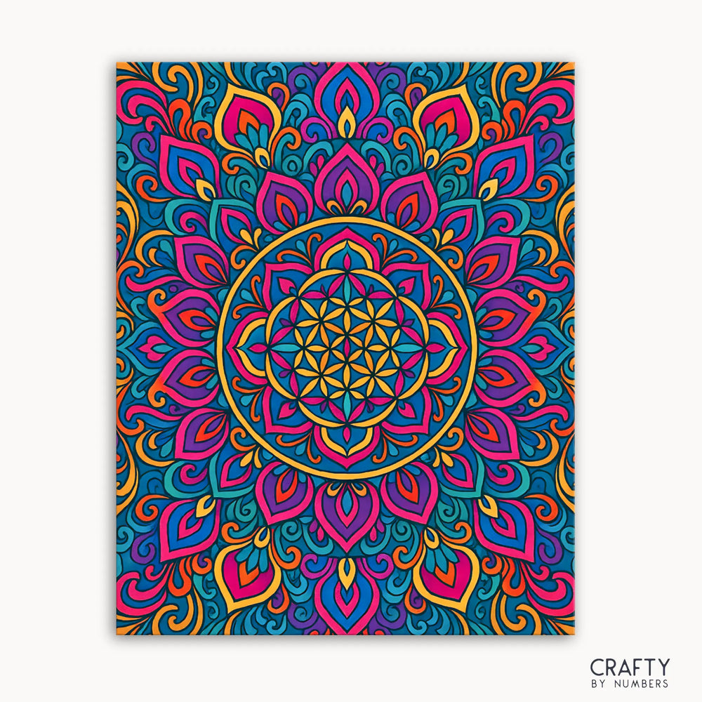 Royal Bloom Mandala Paint by Numbers kit featuring a majestic mandala bursting with rich purples, golds, and fiery accents in intricate symmetrical patterns