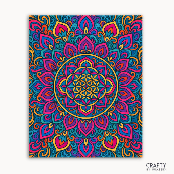 Royal Bloom Mandala Paint by Numbers kit featuring a majestic mandala bursting with rich purples, golds, and fiery accents in intricate symmetrical patterns