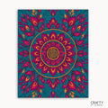 Sacred Blush Mandala Paint by Numbers kit featuring a vibrant mandala with bold fuchsia, golden orange, and calming teal petals arranged in sacred symmetrical patterns