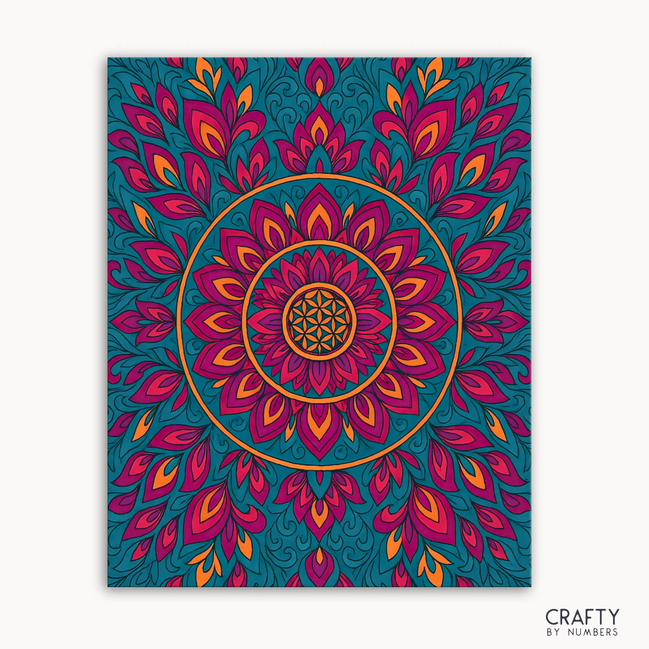 Sacred Blush Mandala Paint by Numbers kit featuring a vibrant mandala with bold fuchsia, golden orange, and calming teal petals arranged in sacred symmetrical patterns