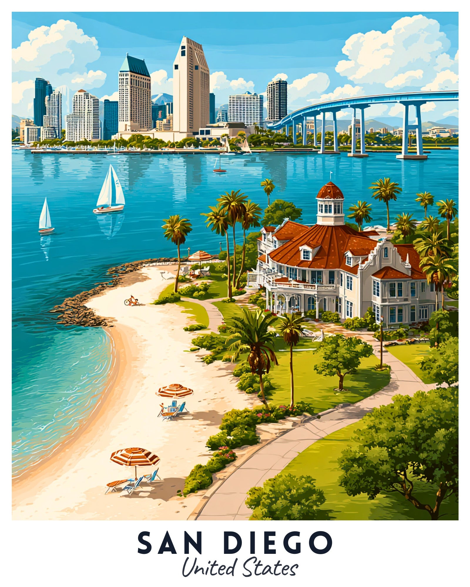 Illustration of a beach scene with a city skyline and bridge in San Diego, United States.