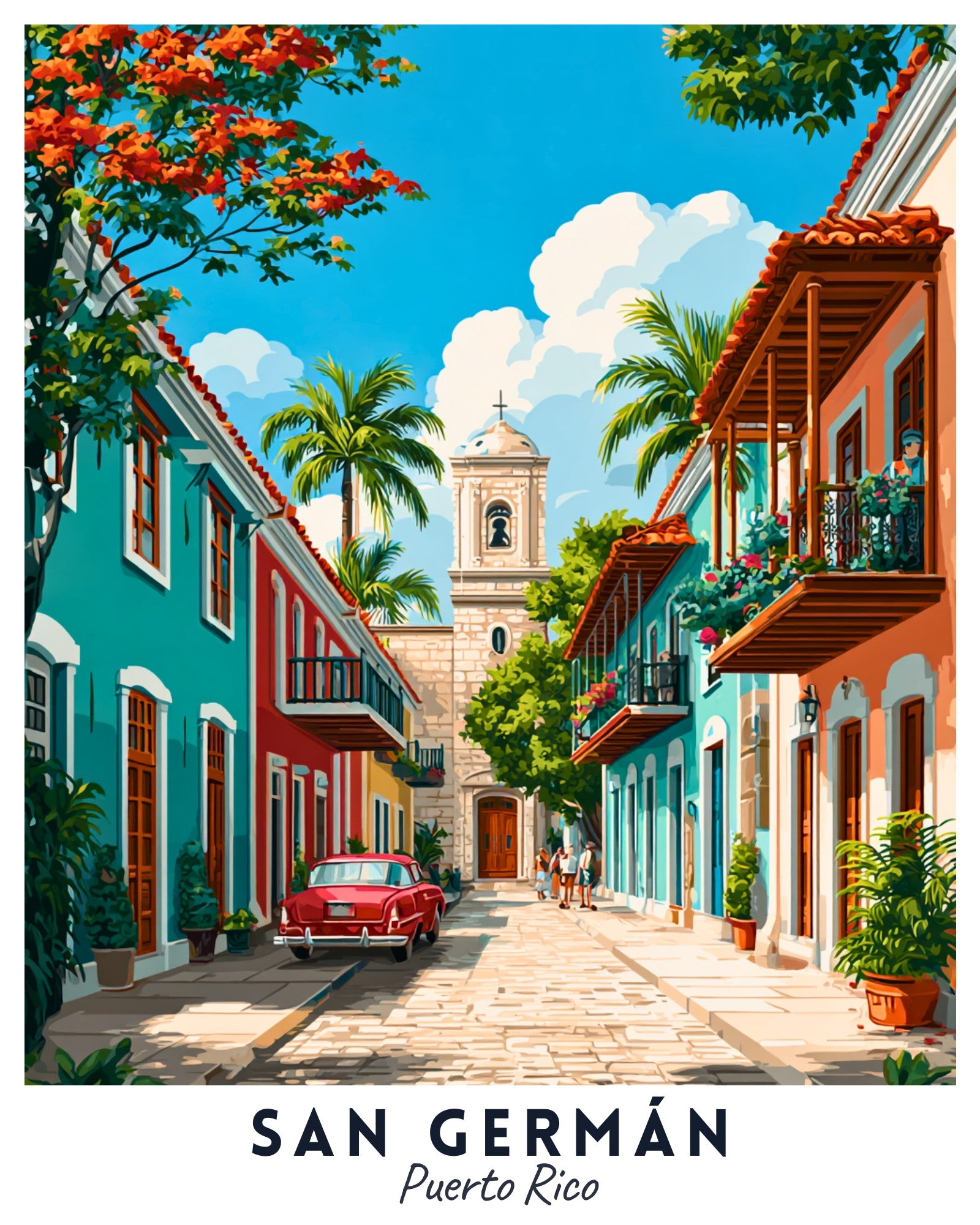 Colorful street scene in San Germán, Puerto Rico with buildings and a clock tower.