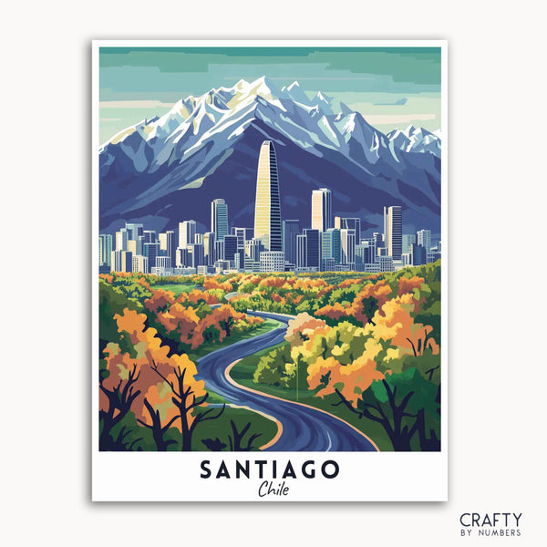 A travel poster depicting the skyline of Santiago, Chile, with the Andes Mountains in the background, a road leading to the city, and autumn-colored trees. The poster is labeled with 'SANTIAGO Chile' and has a 'CRAFTY by numbers' logo at the bottom.