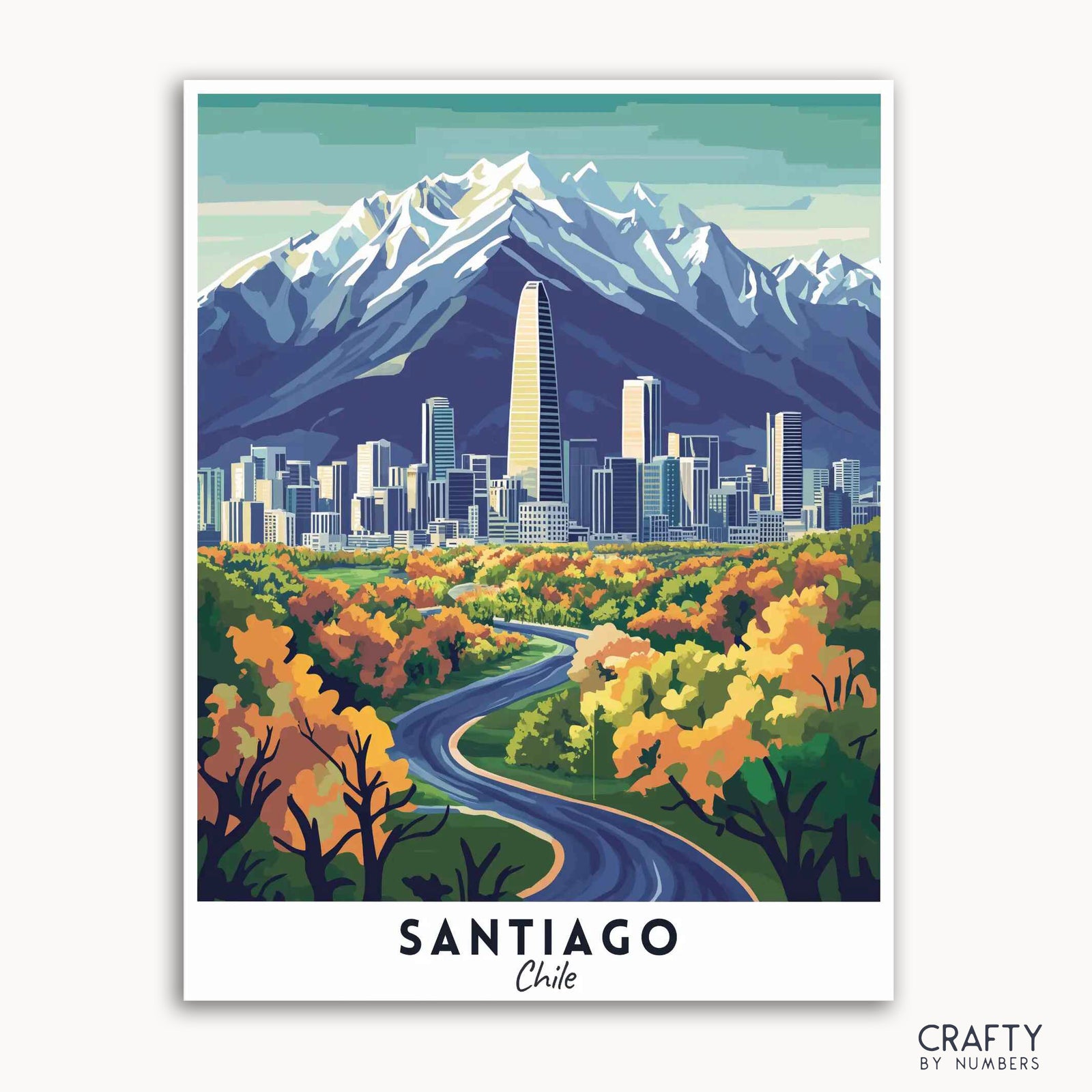 Ein Reiseplakat, das die Skyline von Santiago, Chile, mit den Anden im Hintergrund, einer Straße, die in die Stadt führt, und herbstlich gefärbten Bäumen zeigt. Das Poster ist mit „SANTIAGO Chile“ beschriftet und hat unten ein „CRAFTY by Numbers“-Logo.