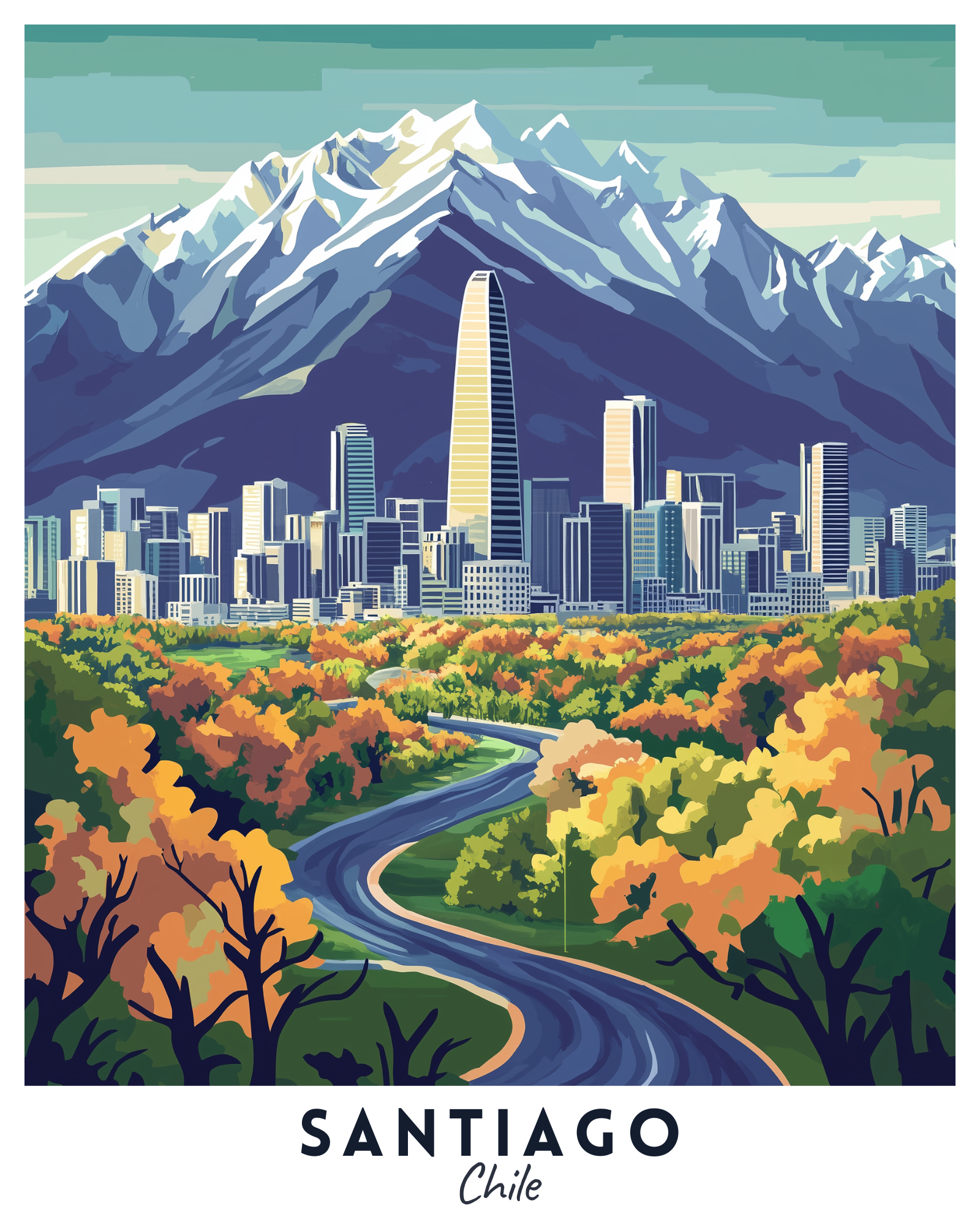 A paint by numbers kit depicting the skyline of Santiago, Chile, with autumn trees and the Andes Mountains in the background.