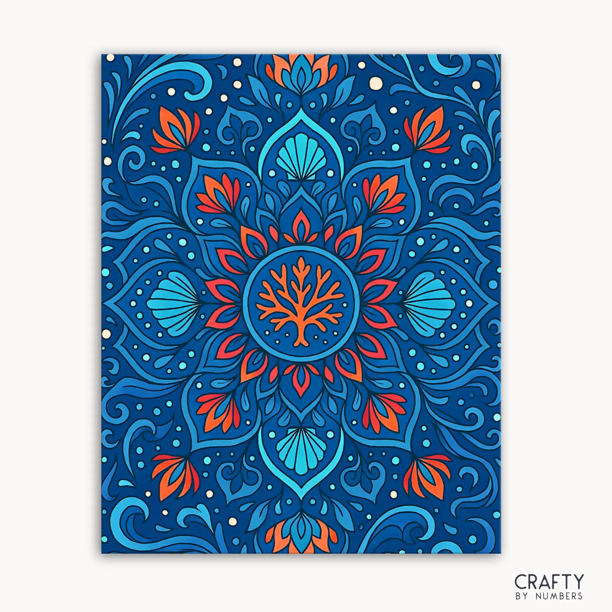 Sea Spirit Mandala Paint by Numbers kit featuring a vibrant aquatic mandala design with coral branches, seashells, and flowing sea patterns in calming blues and coral tones