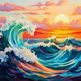 Ocean wave paint by numbers kit with vibrant colors and sunset seascape